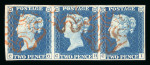 1840 2d blue pl.1 in horizontal strip of three with good margins and fine strikes of red MC