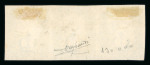 1840 2d blue pl.1 in horizontal strip of three with good margins and fine strikes of red MC