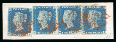 1840 2d Pale Blue Plate 1. Four examples on piece, neatly tied by red Maltese Crosses. MB, ML, and MG each with four margins, MG slightly overlapping MJ. A most striking and highly unusual piece.   Expertise: Signed A. D