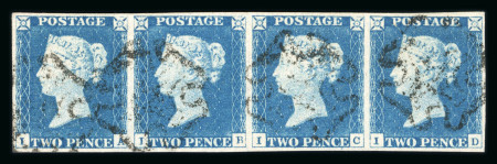 1840 2d Pale Blue Plate 1. A horizontal strip of four (IA–ID) with good margins, each stamp struck with black Maltese Cross cancellations. IB with a tiny thin spot at foot. A fine and attractive multiple.