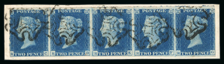 1840 2d Blue Plate 2. A horizontal strip of five (RC–RG) with margins large at top and clear at base, just touched at left and right. Neatly struck with black Maltese Cross cancellations. An impressive and scarce multipl