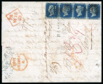 1840 2d Deep Full Blue, Plate 2 (TF–TI) Horizontal Strip of Four on Entire Letter to Danzig — Exceptionally Rare Usage  An extraordinary cover, this horizontal strip of four from Plate 2 (TF–TI) is affixed to an entire l