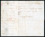 1840 2d Deep Full Blue, Plate 2 (TF–TI) Horizontal Strip of Four on Entire Letter to Danzig — Exceptionally Rare Usage  An extraordinary cover, this horizontal strip of four from Plate 2 (TF–TI) is affixed to an entire l