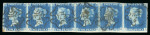 1840 2d Blue Plate 1. A horizontal strip of six (TD–TI) with clear to large margins, neatly struck with black Maltese Cross cancellations. Light vertical crease and a few tone spots noted. A striking and scarce multiple.