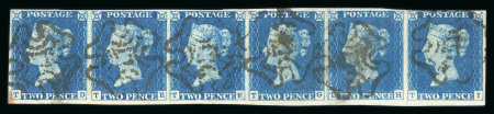1840 2d Blue Plate 1. A horizontal strip of six (TD–TI) with clear to large margins, neatly struck with black Maltese Cross cancellations. Light vertical crease and a few tone spots noted. A striking and scarce multiple.