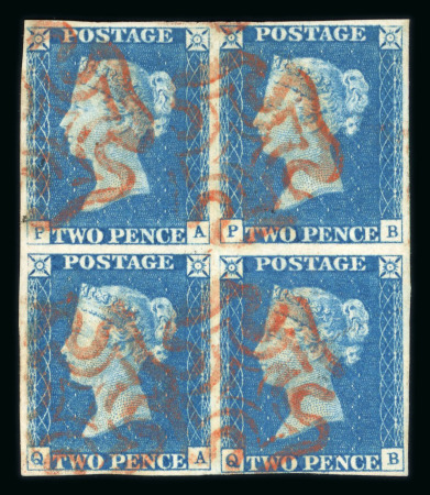 Stamp of Great Britain » 1840 2d Blue (ordered by plate number) 1840 2d Pale Blue, Plate 1 (PA–QB) Block of Four, Used