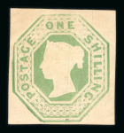 1847–54 1s Pale Green, Die 2. An unused example with four good to large margins, showing some toning and tiny traces of gum on the reverse. Fine and fresh in appearance. (SG £16,000).   Expertise: Signed "AD" Alberto Die