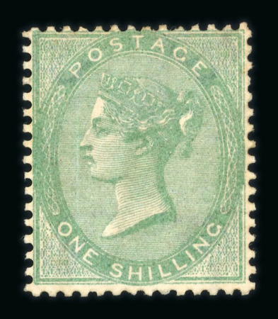 1857 Emblems 1s Green. A mint example with large part original gum (slightly toned), showing a faint vertical crease and a corner bend at upper right. A scarce and attractive stamp. (SG £3,250).   Expertise: Signed A.Die