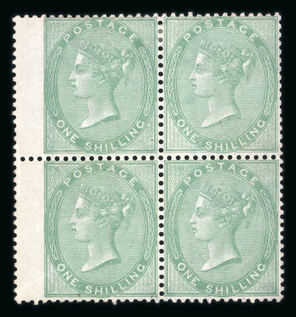 Stamp of Great Britain » 1855-1900 Surface Printed 1857 Emblems 1s pale green mint block of four with large part o.g.