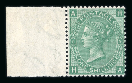 Stamp of Great Britain » 1855-1900 Surface Printed 1867-80 Spray 1s green pl.5 HA marginal mint with large part o.g.