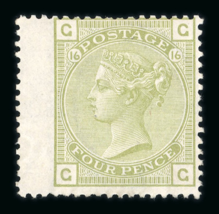 Stamp of Great Britain » 1855-1900 Surface Printed 1873-80 Large Garter 4d sage-green pl.16 GG mint wing margin with large part o.g.