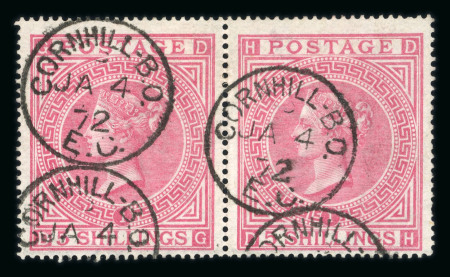1867–83 Watermark Maltese Cross 5s Rose, Plate 1. A fine used pair, neatly cancelled with Cornhill 1872 datestamps. HD with a corner crease. Excellent colour and a very attractive item. (SG £1,000).  Expertise: Signed G.