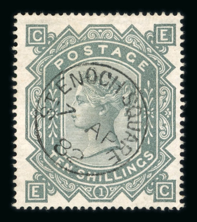 1867–83 Watermark Cross 10s Greenish-Grey. A very fresh and fine used example, neatly cancelled with St. Enoch Square 1882 datestamp. A very faint wrinkle noted for accuracy. A most appealing stamp. (SG £2,250).  Experti