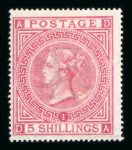 Stamp of Great Britain » 1855-1900 Surface Printed 1867-83 wmk Cross 5s rose pl.1 DA, fresh unused (regummed),