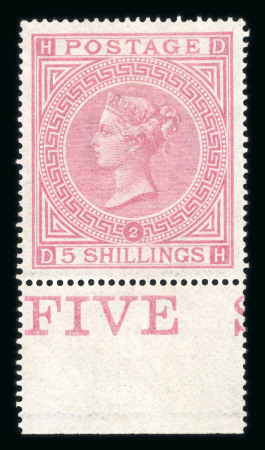 Stamp of Great Britain » 1855-1900 Surface Printed 1867-83 wmk MC 5s pale rose pl.2 lower marginal mint with large part o.g.