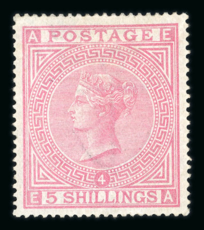 1867–83 Watermark Anchor 5s Plate 4 (White Paper). A very fresh mint example with large part original gum. A few gum wrinkles noted, with a thin spot patched at the upper left. A fine example of this rare mint stamp. (SG
