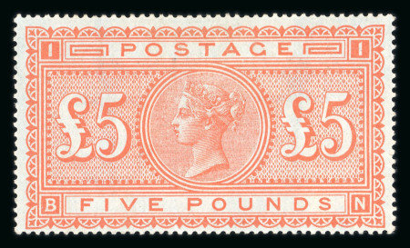 Stamp of Great Britain » 1855-1900 Surface Printed GB 1867-83 £5 orange on blued paper mint with large part o.g.