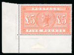 1867–83 £5 Orange. A superb lower left corner marginal example, brilliant mint and unmounted, lightly hinged in the margin only. Lovely quality throughout and a very fine example. (SG £10,000+).