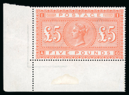 1867–83 £5 Orange. A superb lower left corner marginal example, brilliant mint and unmounted, lightly hinged in the margin only. Lovely quality throughout and a very fine example. (SG £10,000+).