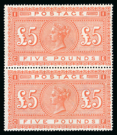 Stamp of Great Britain » 1855-1900 Surface Printed 1867-83 £5 orange in vertical pair mint, each very lightly mounted
