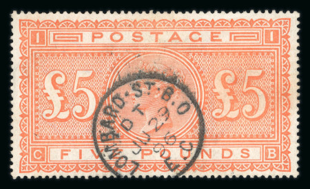 Stamp of Great Britain » 1855-1900 Surface Printed 1867-83 £5 orange fine used with Lombard St 1896 cds