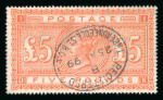 1867–83 £5 Orange. A fine and fresh used example, neatly cancelled with Registered Threadneedle Street oval datestamp (1899). Light trace of minor wrinkle noted for accuracy. An attractive stamp. (SG £3,750).