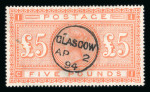 Stamp of Great Britain » 1855-1900 Surface Printed GB 1867-83 £5 orange fine used with neat strike of Glasgow 1894 cds