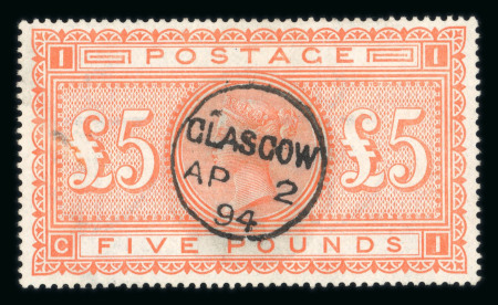 Stamp of Great Britain » 1855-1900 Surface Printed GB 1867-83 £5 orange fine used with neat strike of Glasgow 1894 cds
