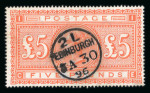 1867–83 £5 Orange. A fine and fresh used example, neatly cancelled with Edinburgh 1896 datestamp. A very attractive stamp. (SG £3,750).