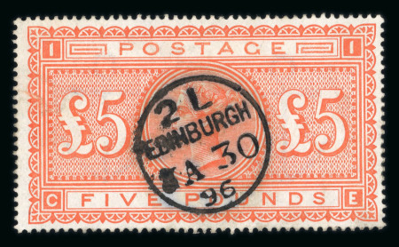 1867–83 £5 Orange. A fine and fresh used example, neatly cancelled with Edinburgh 1896 datestamp. A very attractive stamp. (SG £3,750).