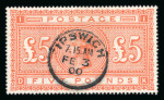 1867–83 £5 Orange. A fine used example with neat Ipswich 1900 datestamp. Bright fresh colour and a very attractive example. (SG £3,750).  Expertise: Signed G.Bolaffi
