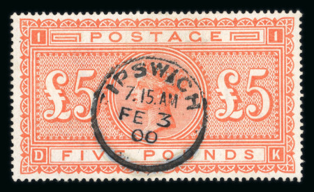 1867–83 £5 Orange. A fine used example with neat Ipswich 1900 datestamp. Bright fresh colour and a very attractive example. (SG £3,750).  Expertise: Signed G.Bolaffi