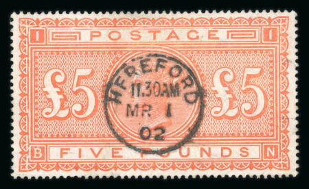 Stamp of Great Britain » 1855-1900 Surface Printed 1867-83 £5 orange fine used with neat strike of Hereford 1902 cds