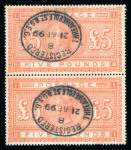 1867–83 £5 Orange. A fresh vertical pair, fine used, neatly cancelled with Threadneedle Street registered oval datestamps (1899). Attractive and scarce. (SG £7,500+).  Expertise: Signed A.Diena "AD" and Guilio Bolaffi.