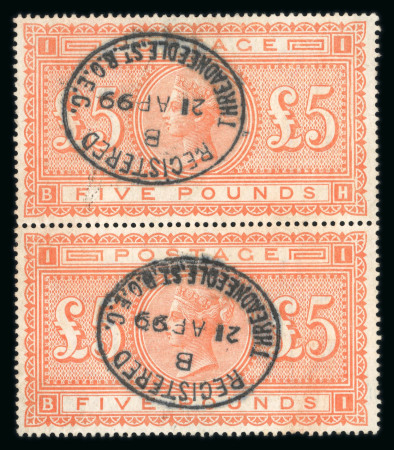 1867–83 £5 Orange. A fresh vertical pair, fine used, neatly cancelled with Threadneedle Street registered oval datestamps (1899). Attractive and scarce. (SG £7,500+).  Expertise: Signed A.Diena "AD" and Guilio Bolaffi.