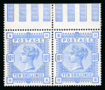 1883–84 10s Pale Ultramarine. A mint upper marginal pair, with perfs separated between the stamps. BH corner perf. crease, otherwise very fine and fresh. A most attractive multiple. (SG £3,200+).