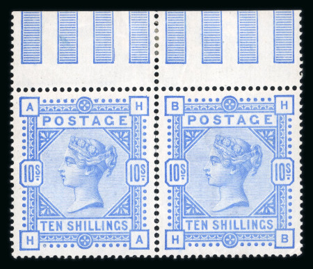 1883–84 10s Pale Ultramarine. A mint upper marginal pair, with perfs separated between the stamps. BH corner perf. crease, otherwise very fine and fresh. A most attractive multiple. (SG £3,200+).