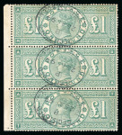 Stamp of Great Britain » 1855-1900 Surface Printed 1887 £1 green in vertical part left hand marginal strip of three used with registered oval cancels