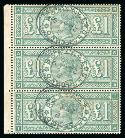 Stamp of Great Britain » 1855-1900 Surface Printed 1887 £1 green in vertical part left hand marginal strip of three used with registered oval cancels