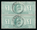 Stamp of Great Britain » King Edward VII 1902-10 De La Rue £1 dull blue-green in vertical pair fine used with Guernsey 1911 cds