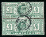 Stamp of Great Britain » King Edward VII 1911-13 Somerset House £1 deep green in vertical pair fine used with Guernsey 1913 cds