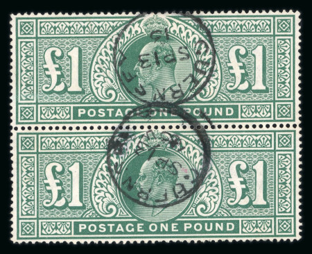 Stamp of Great Britain » King Edward VII 1911-13 Somerset House £1 deep green in vertical pair fine used with Guernsey 1913 cds
