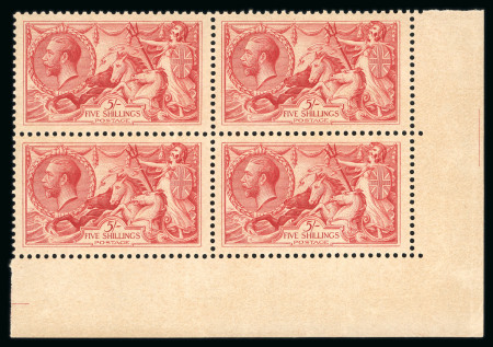 1918 Bradbury 5s rose-red and 10s dull grey-blue, each in lower left corner marginal blocks of four, mint with the lower pair of each never hinged. Toned gum visible through the paper. Scarce and attractive multiples. S.