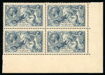1918 Bradbury 5s rose-red and 10s dull grey-blue, each in lower left corner marginal blocks of four, mint with the lower pair of each never hinged. Toned gum visible through the paper. Scarce and attractive multiples. S.