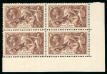 1934 Re-Engraved 2s 6d Chocolate Brown lower right corner marginal block of four, mint never hinged (MNH), with full original gum. A superb and attractive multiple in outstanding condition. S.G. £600+.