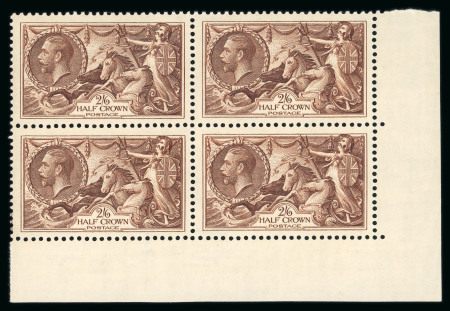 1934 Re-Engraved 2s 6d Chocolate Brown lower right corner marginal block of four, mint never hinged (MNH), with full original gum. A superb and attractive multiple in outstanding condition. S.G. £600+.
