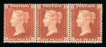 1854–57 Small Crown Perf. 16 1d Red-Brown, Die I, Plate Reserve 1 (QC–QE). A horizontal strip of three, mint with original gum