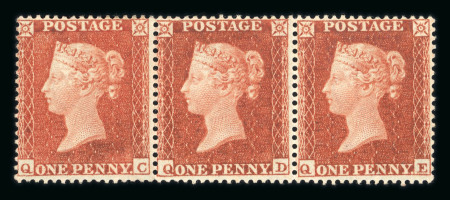 1854–57 Small Crown Perf. 16 1d Red-Brown, Die I, Plate Reserve 1 (QC–QE). A horizontal strip of three, mint with original gum