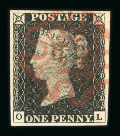 Stamp of Great Britain » 1840 1d Black and 1d Red plates 1a to 11 1840 1d black pl.1b OL with four margins and red MC