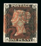 Stamp of Great Britain » 1840 1d Black and 1d Red plates 1a to 11 1840 1d black pl.2 AC with four good to large margins and centrally struck red MC